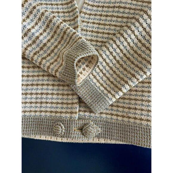 Vintage CISA OF ITALY Knit Cream Skirt Suit, Gold Silver Check Pattern, Size 10